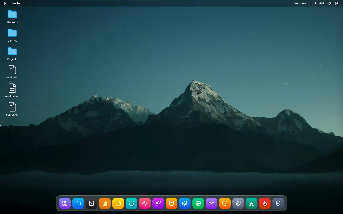 NuxPanel desktop — macOS-style UI running on a real Ubuntu server